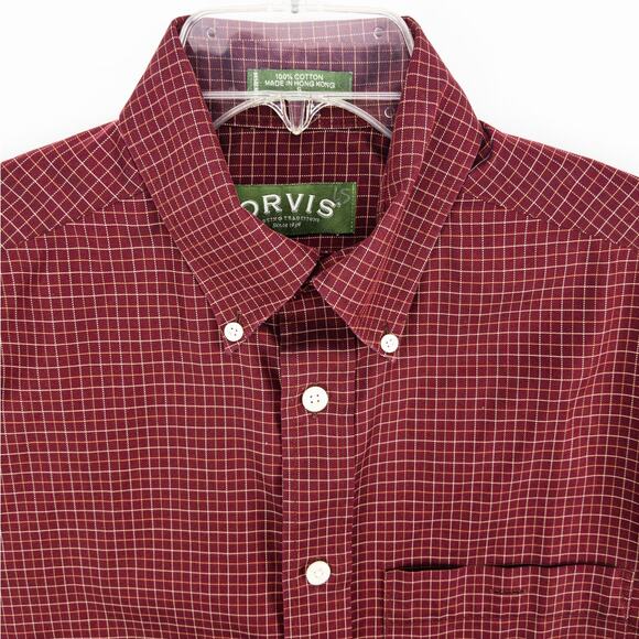 Orvis Shirt Men's Small Long Sleeve Button Down Red White Grid 100% Cotton - Picture 2 of 13